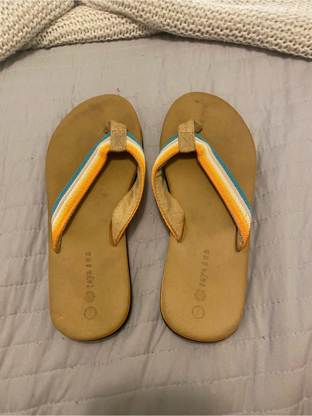 Striped Multi-Color Strap Tan Flip Flop Sandals